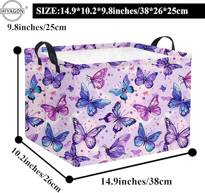 HIYAGON Rectangular Butterfly Basket Baby Storage Basket Storage Bin Organizer Box Room Decor(Purple Butterfly)