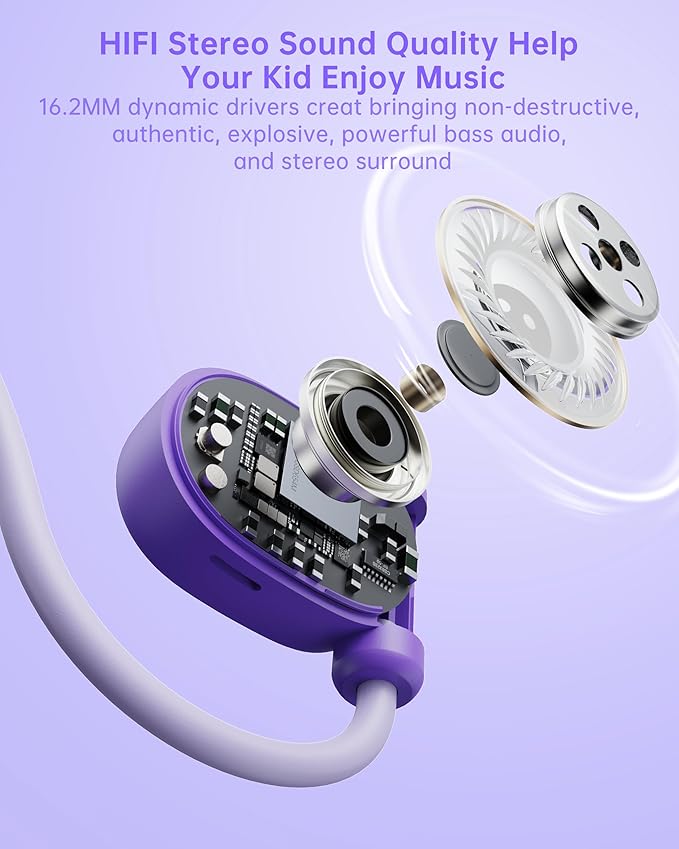 Kid Headphones for School, Air Conduction Open Ear Headphones, 3.5mm Jack Wired Cord, Ultra-Comfort, Ergonomic and Lightweight Design Perfect for School and Outdoor Activities-Purple