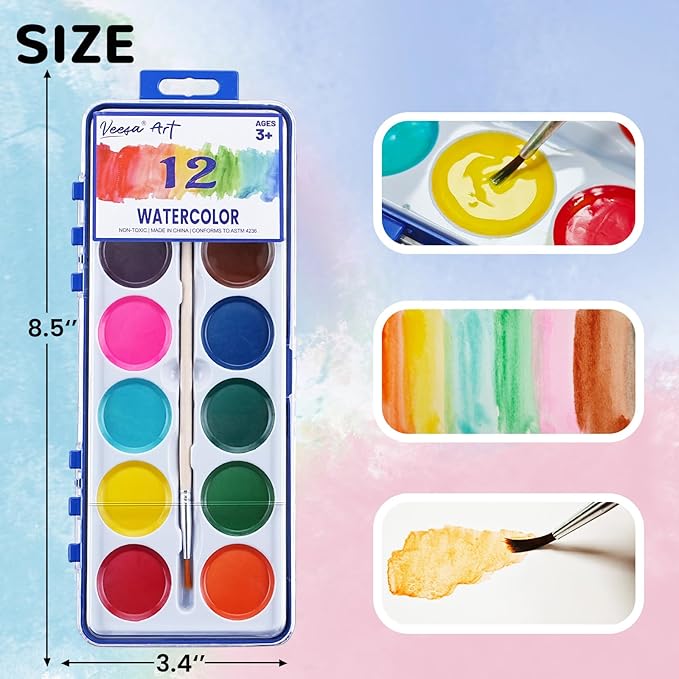 12 Color Watercolor Paint for Kids, 12 Pack Washable Water Color, Classroom Set, Woodbrushes Included