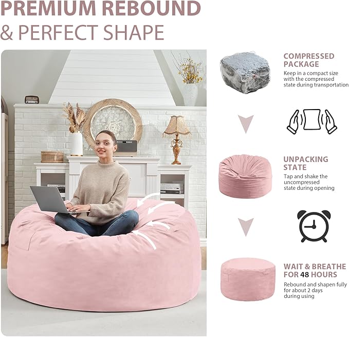 4FT Bean Bag Chair, Large Bean Bag Chairs with Memory Foam Filled, Fluffy Beanbag Sofa with Dutch Velvet Cover, Round BeanBag Chairs for Living Room, Playroom - Light Pink