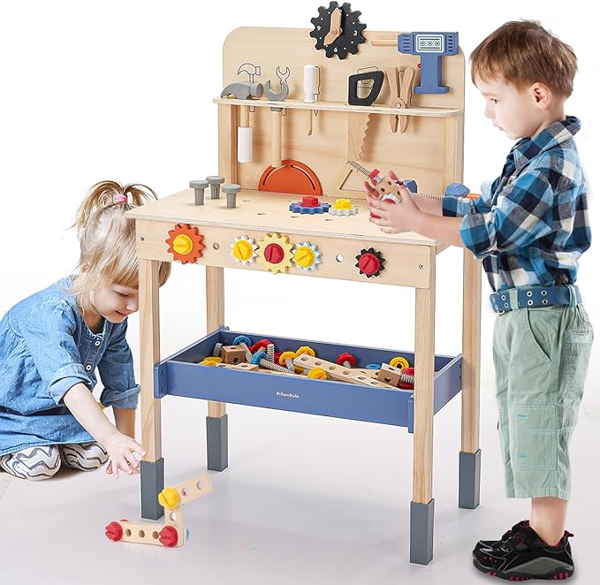 69‑Piece Wooden Kids Tool Bench – Montessori Toddler Workbench with Pretend Power Drill, Clock & Storage Shelf – STEM Construction Play Set for Boys & Girls Ages 3‑5