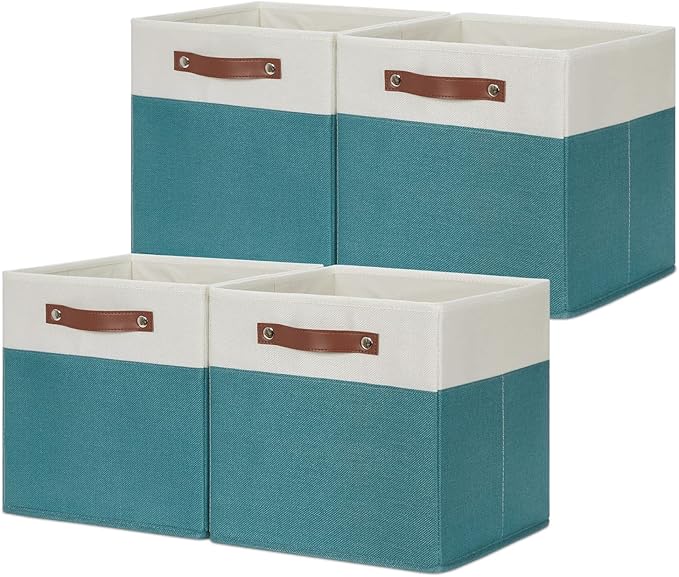 HNZIGE Storage Cubes Bins for Organization Set of 4, Fabric Storage Cube 12 x12, Collapsible Storage Bins Basket Cube with Handles, Canvas for Organizing Shelf Home Nursery(Teal White)