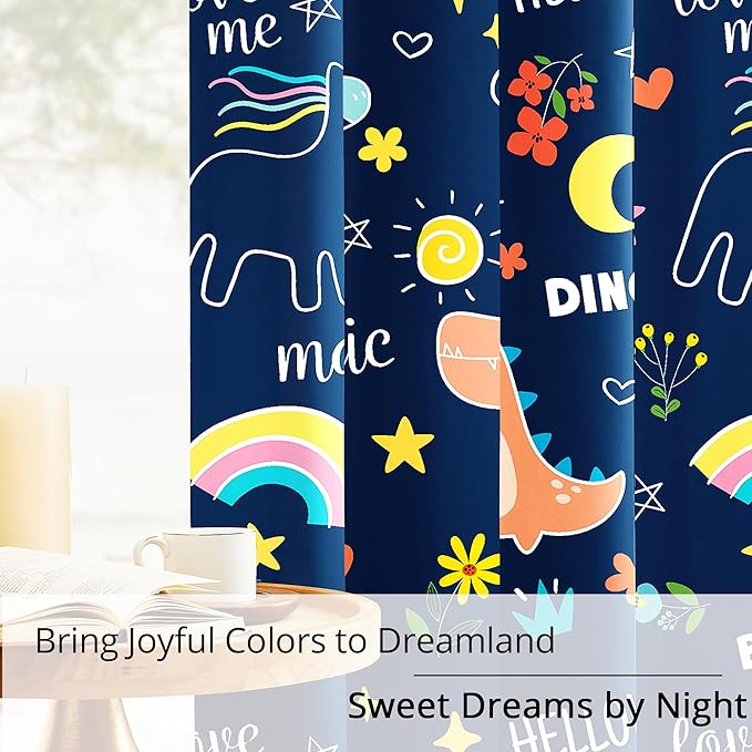 100% Blackout Curtains for Kids - Adorable Dinosaur & Unicorn Pattern, 2Panels, Each W52xL84, Thermal Insulated Noise-Reducing Drapes for Nursery, Bedroom, Playroom - Fun & Colorful Design