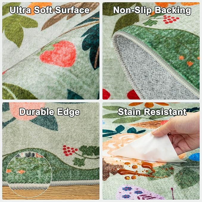 Area Rug Living Room Rugs: Floral 4x6 Washable Rug Vintage Soft Boho Non-Slip Carpet Indoor Floor Stain Resistant Large Carpets for Bedroom Dining Room Farmhouse Nursery Hallway Home Office Green
