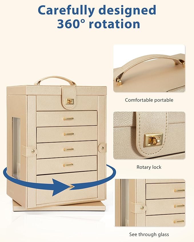 AKOZLIN Jewelry Box 6-Tier Organizer Functional 360° Rotating Jewelry Storage Case for Women Girls Ring Necklace Earring Bracelet Holder with Mirror