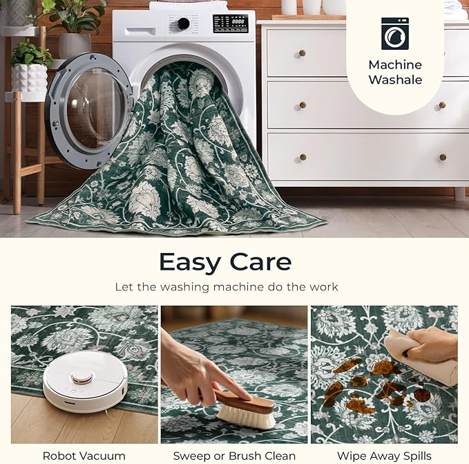 6x9 Area Rug for Living Room & Bedroom, Washable Non-Slip Floral Rugs, Soft Vintage Carpet, Low Pile Wool Carpets for Indoor Dining Home Office Playroom Under Table, Modern Decor, Dark Green