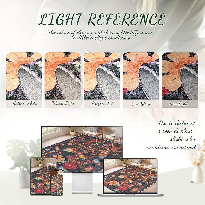 Area Rug Living Room Rugs: 5x7 Washable Rug Vintage Floral Soft Boho Non Slip Carpet Indoor Floor Non Shedding Low Pile Thin Carpets for Bedroom Dining Room Farmhouse Nursery Home Office Black