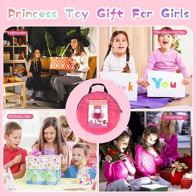 Baby Ball Pit for Toddler with 50 Balls, Pop Up Princess Tent with Star Lights for 1 2 3 Year Old Birthday Gift, 12-18 Months Baby Girl Toys with Carrying Bag, Indoor&Outdoor Play Tent for Kids