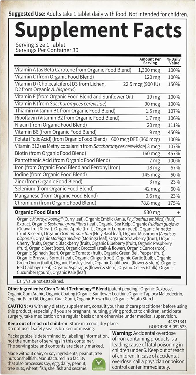 Garden of Life Organics Prenatal Vitamins - 30 Tablets, Prenatal Once Daily Whole Food Vitamins for Women with Folate not Folic Acid, Vitamin D3, Iron, Vegan One a Day Prenatal Multivitamin