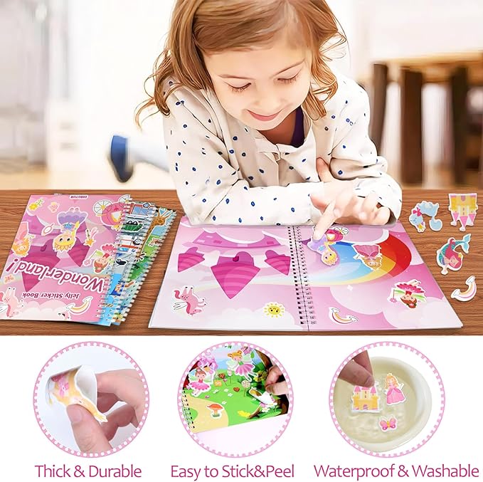 Jelly Sticker Books for Toddlers 2-4 Travel Essentials, Reusable Sticker Book + 8 Scenes + 2 Matching Games + 51 Large Princess Stickers for 1-3 Toddler Activities (Wonderland)