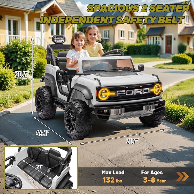 ENYOPRO 24V Ride On Toys for Big Kids, Licensed Ford Bronco Raptor 2-Seater Electric Car w/Remote Control, 21" Spacious Seat, 2x90W Powerful Motor, Spring Suspension, Bluetooth Music, 3 Speed - White