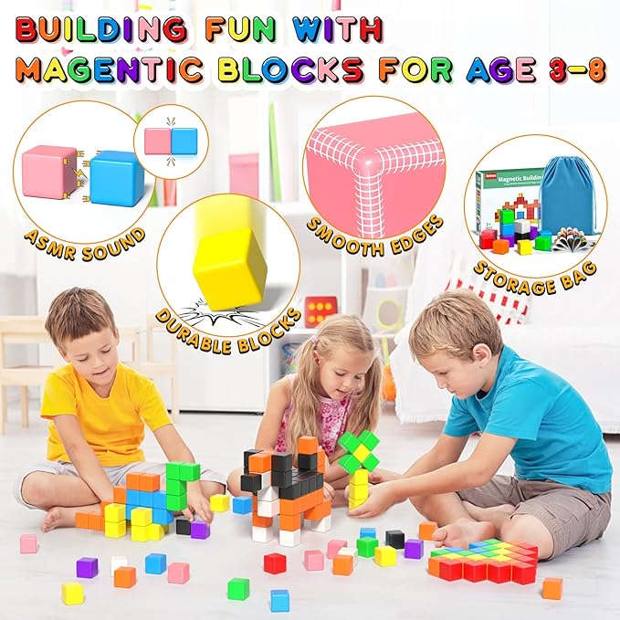 54 PCS Magnetic Blocks, Magnetic Building Blocks for Toddlers 3+, Montessori Toys, Magnet Cubes, Preschool STEM Educational Sensory Magnet Toys for Kids Ages 3-5 Year Old Boys and Girls