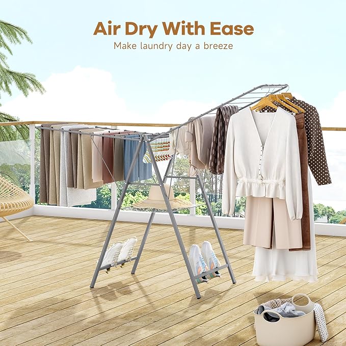 APEXCHASER Drying Rack Clothing, Clothes Drying Rack Foldable, Metal Laundry Drying Rack Collapsible for Sweater Towel Indoor & Outdoor, Height Adjustable Gullwing Clothes Airer, Grey