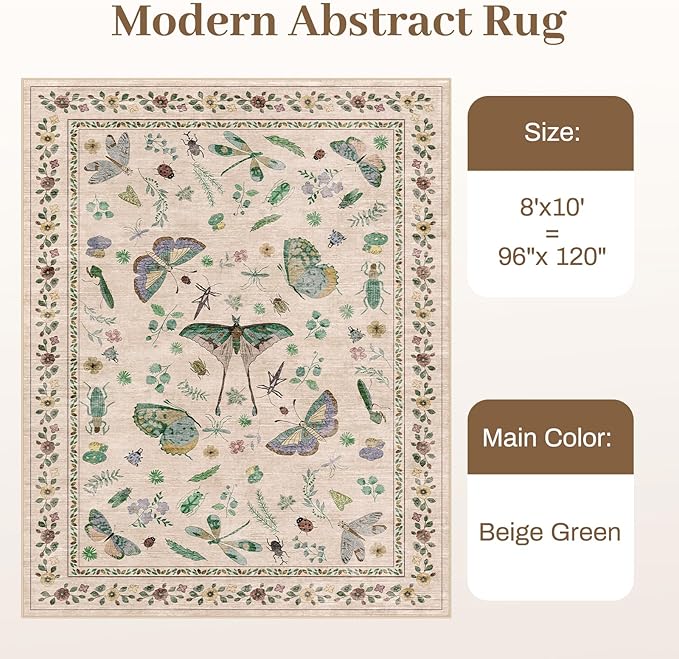 8x10 Area Rugs with Insect Print - Bug Rug Non-Shedding Stain Resistant Soft Carpet for Bedroom, Low Pile Ultra-Thin Machine Washable Carpet for Dining Room, Kids Nursery, Office (8'x10' Beige)