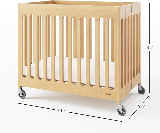 Foundations Boutique Folding Hotel Crib and Sheet Bundle - Includes Wooden Mini Crib with 3" Foam Mattress (Natural) and 6-Pack White Fitted Compact Sheets