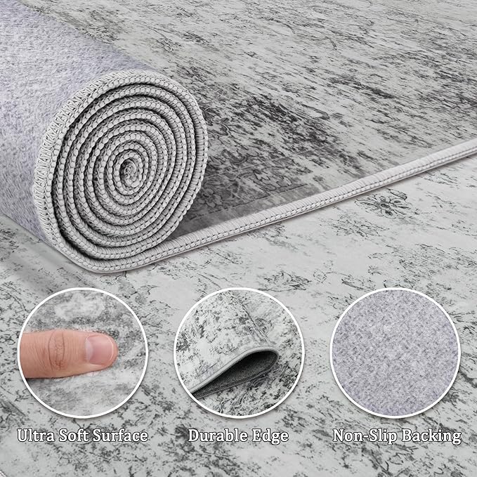 9x12 Area Rug Living Room Rugs - Washable Rug Large Modern Abstract Soft Thin Carpets Indoor Floor No Slip Vintage Carpet for Bedroom Under Dining Table Nursery Home Office Decor Gray