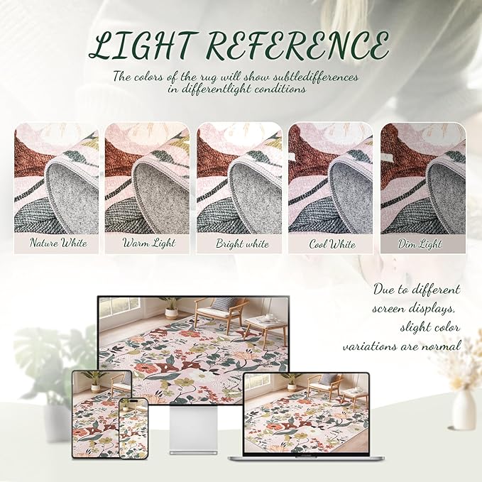 Area Rug Living Room Rugs: 6x9 Washable Rug Vintage Floral Soft Boho Non Slip Carpet Indoor Floor Non Shedding Low Pile Thin Carpets for Bedroom Dining Room Farmhouse Nursery Home Office Light Pink