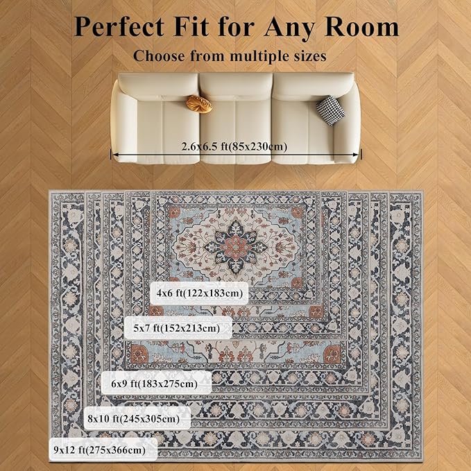 9x12 Area Rug Living Room Rugs, Stain Resistant Washable Rug, Vintage Large Non-Slip Backing, Low Pile Lightweight Print Rug for Bedroom Dinning Room Home Office (Blue/Gray)