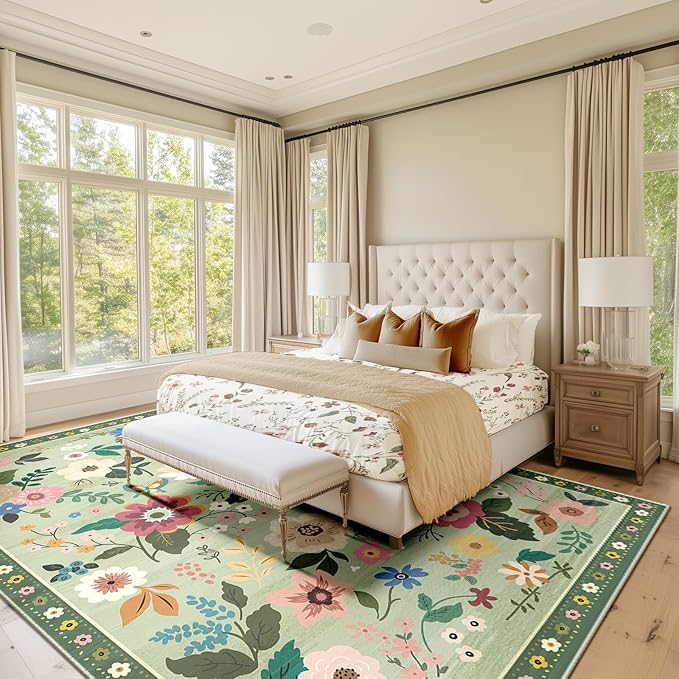 Floral 3x5 Area Rug Machine Washable Soft Print Boho Carpet Non Slip Doormat Low Pile Flower Area Rugs for Living Room Bedroom Nursery Kitchen Dining Room Indoor-Light Green