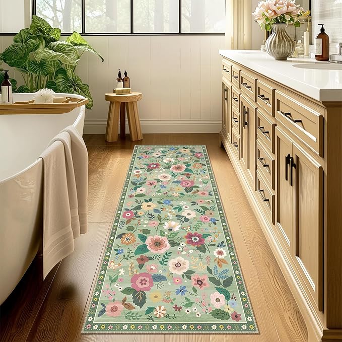 Floral 2x8 Area Rug Machine Washable Soft Print Boho Carpet Non Slip Doormat Low Pile Flower Area Rugs for Living Room Bedroom Nursery Kitchen Dining Room Indoor-Light Green