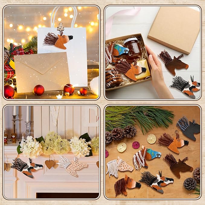 Geelin 24 Pcs Christmas Wooden Horse Craft Western Ornament Unfinished Wooden Cutouts Horse Painting Kit Unicorn Ornament DIY Cowboy Craft Paint Your Own Art for Christmas Party Favors(Classic)