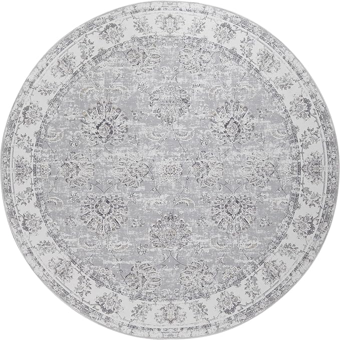 jinchan Round Rug 4ft Area Rugs Vintage Floral Distressed Design - Machine Washable Non-Slip Low-Pile Ultra-Thin Circle Rug for Entryway Bedside Living Room Dining Room Bedroom (4' Round,Grey)