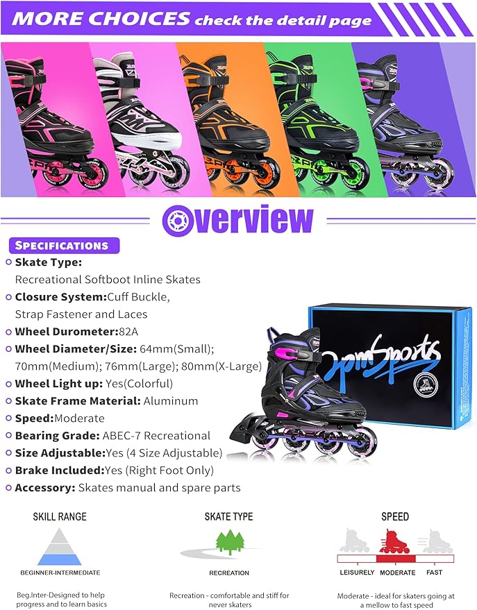 2PM SPORTS Vinal Girls Adjustable Flashing Inline Skates, All Wheels Light Up, Fun Illuminating Skates for Kids Men Adult Women and Boys