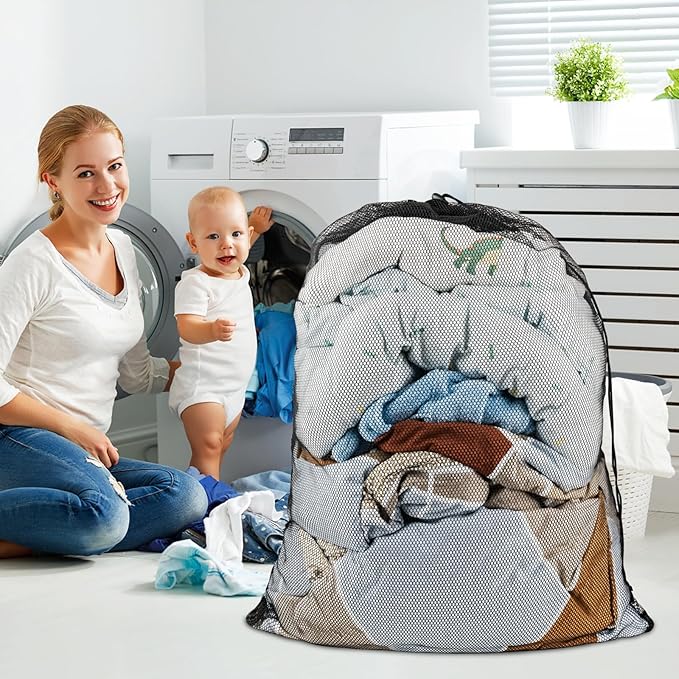 2 Pack Mesh Laundry Bags, Large Travel Laundry Washing Bags for Dirty Clothes Storage, 24" X 36" Washable Heavy Duty Laundry Net Bag With Drawstring for College Dorm, Hamper, Room, Laundromat (Black)