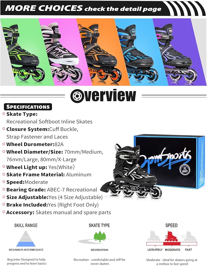 2PM SPORTS Vinal Girls Adjustable Flashing Inline Skates, All Wheels Light Up, Fun Illuminating Skates for Kids Men Adult Women and Boys