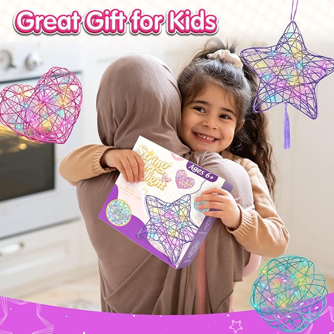 ESOXOFFORE 3D String Art Kit for Kids,Christmas Birthday Gifts for 8 9 10 11 12 Year Old Girls Boys,Arts and Crafts for Girls Ages 8-12 Heart Star Round Lantern Toys 20 Multi-Colored LED Bulbs