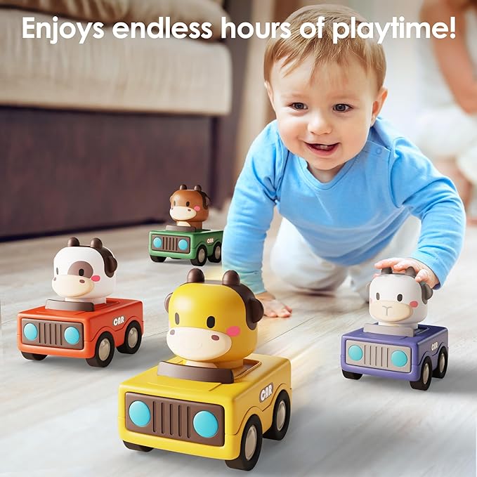 iPlay, iLearn Press to Go Car Toys for Toddlers 1-3, Baby Animal Racing Cars, Infant Play Vehicle Set, Baby Push Go Friction Car Toys for 6-9-12-18 Months, 1st Birthday Gifts for 1-2 Years Old Boys