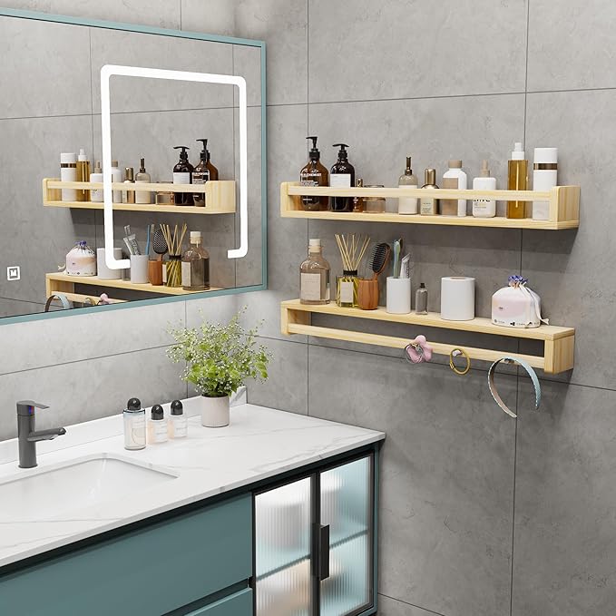 Heimlove Nursery Floating Shelves, Wood Nursery Book Shelves for Wall, 32 inch Wall Bookshelf for Kids Solid Wood Shelves for Books,Toys and Decor Storage, Set of 3