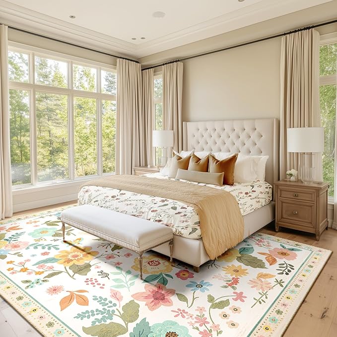 Floral 8x10 Area Rug Machine Washable Soft Print Boho Carpet Non Slip Doormat Low Pile Flower Area Rugs for Living Room Bedroom Nursery Kitchen Dining Room Indoor-Beige/White/Orange