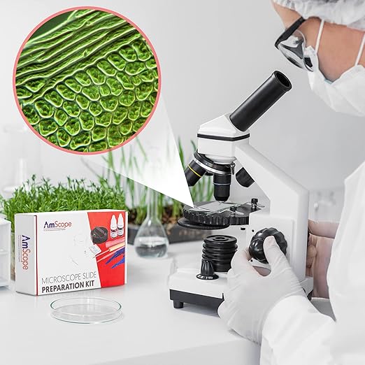 AmScope Microscope Slide Preparation Kit - Includes Blank Microscope Slides, Eosin Red & Methylene Blue Stain Powders, Tweezers, Swab & More - 22-Piece Kit