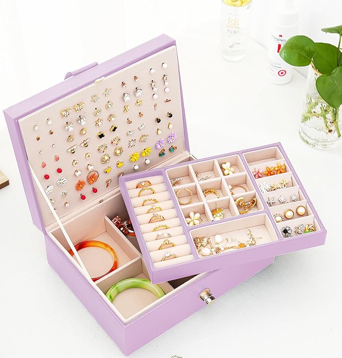 Girls Jewelry Box Earring Holder Organizer for Girls Earring Organizer Teen Jewelry Box Organizer for Girls Purple jewelry Boxes for Earrings Necklaces Rings Stud Earrings Box Organizers Teens