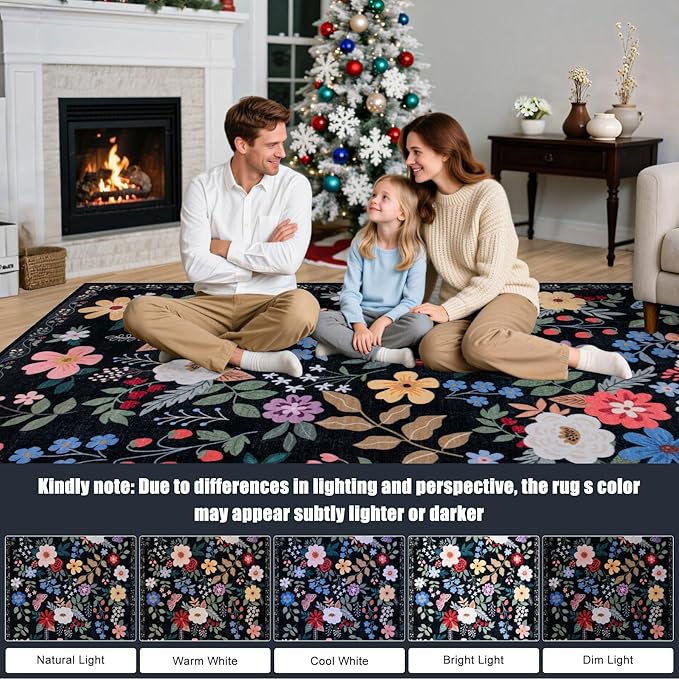 10x12 Area Rugs for Living Room: Floral Washable Rug Vintage Large Soft Boho Non-Slip Carpet Stain Resistant Low Pile Carpets for Bedroom Dining Room Farmhouse Nursery Hallway Home Office Black
