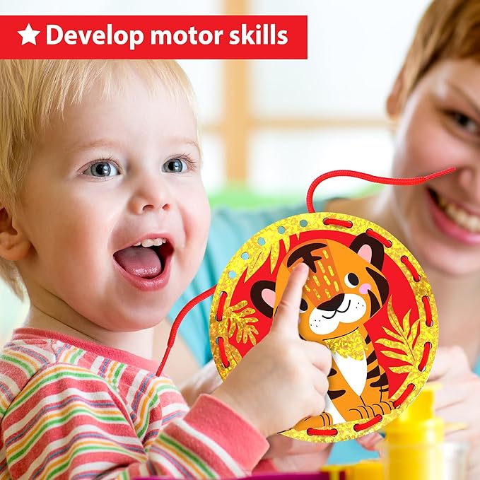 EZCRA Premium Foil Edge Lacing Cards for Kids Ages 3-6 | 10 Double-Sided Animal and Space Sewing Cards with Multilingual Learning | Durable Cardboard Fine Motor Skills Activity Kit