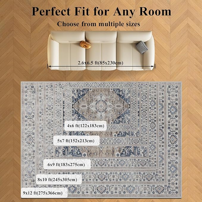4x6 Washable Area Rug for Living Room, Carpet for Bedroom, Soft Faux Wool Retro Dining Room Rug, Non Slip&Non-Shedding Resistant Low Pile Vintage Print Rug for Home Office (Taupe/Blue)