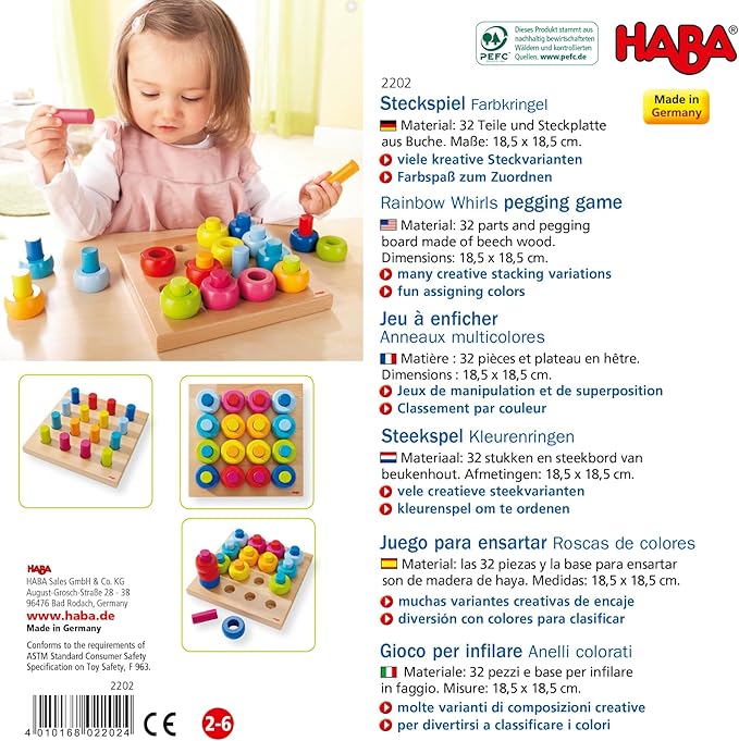 HABA Rainbow Whirls Wooden Sorting & Stacking Rings Shape Sorter, Educational Toys for 2 Year Old & Up, Color Sorting Fine Motor Toys, Made in Germany