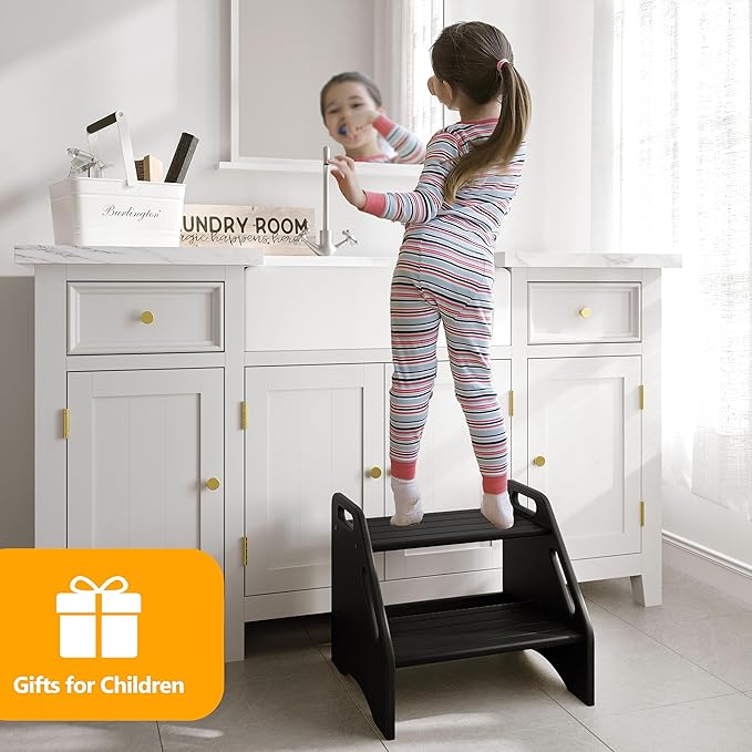 AMBIRD Wooden Step Stool, Two Step Stools 300 lbs Capacity with Safety Non-Slip Pads and Handles, Bamboo Step Stool for Bathroom, Kitchen Dual Height Step Stools for Adults (Black)