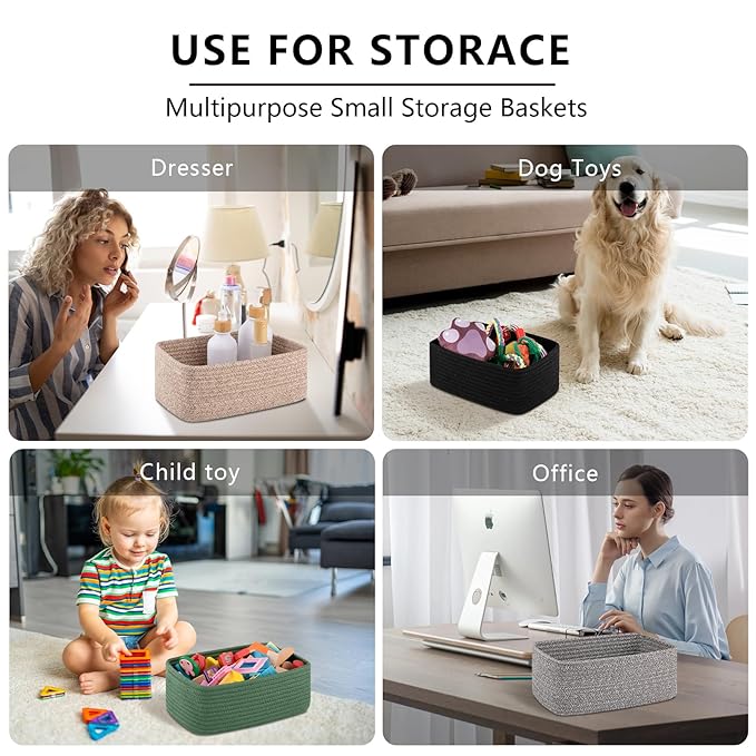 4 Pack Small Storage Shelf Baskets for Organizing, Mini Woven Rope Storage Bins for Towels, Cute Decorative Closet Organizer,Baby Nursery, Gift Empty Baskets -11.81''Lx7.87''Wx4.72''H'-Brown