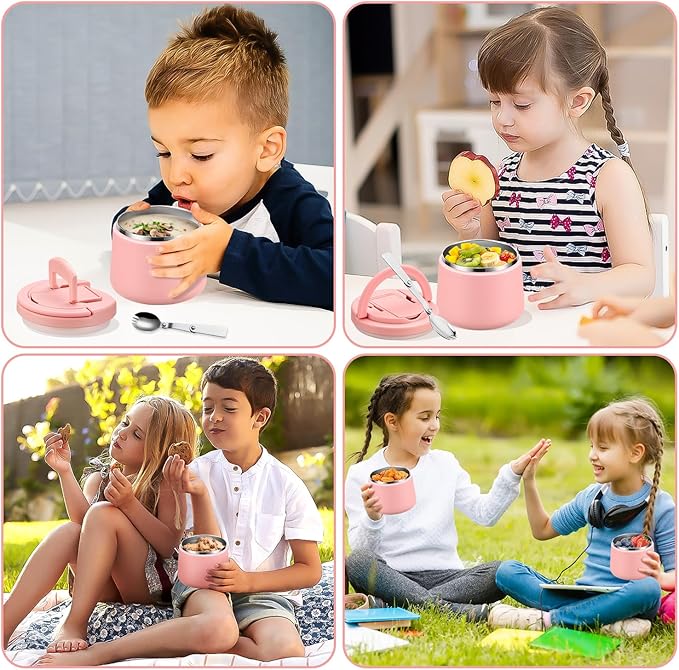 14oz Insulated Vacuum Food Jar with Buckle Lid,Soup Thermo for Hot Food Kids,Wide Mouth Leakproof Stainless Steel Lunch Container with Spoon-Pink