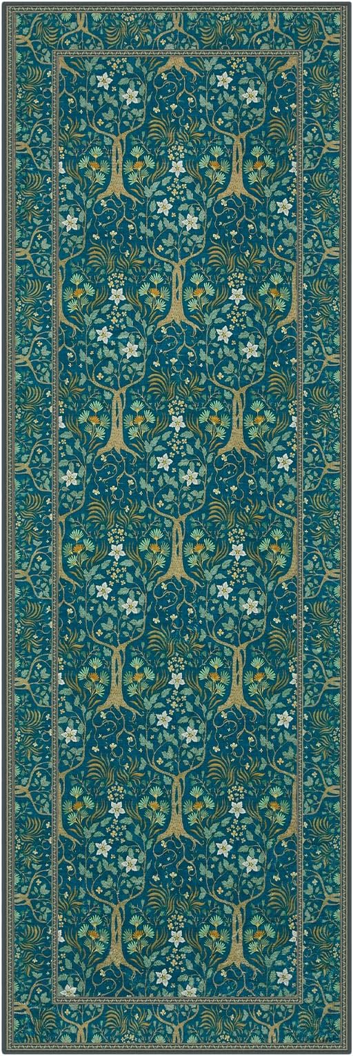 Joydeco Washable 2x6 Rug Runners for Hallways Non Slip, Boho Floral Bathroom Rug Runner, Soft Botanical Forest Indoor Floor Throw Carpet for Kitchen Laundry Room Entryway, Dark Blue
