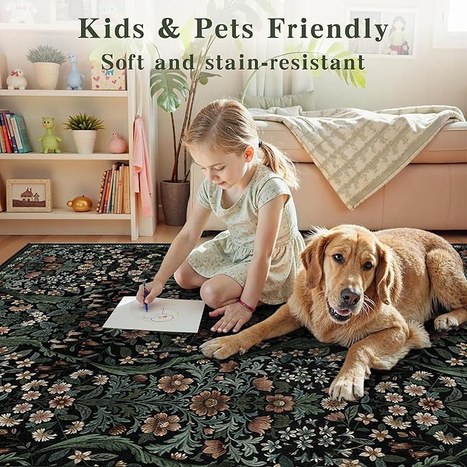 Floral 2x3 Entryway Rug,Washable Front Door Mat Indoor Non Slip Low Pile Small Carpet, Soft Black Boho Botanical Throw Rug for Bathroom Bedroom Kitchen Laundry Indoor Entrance