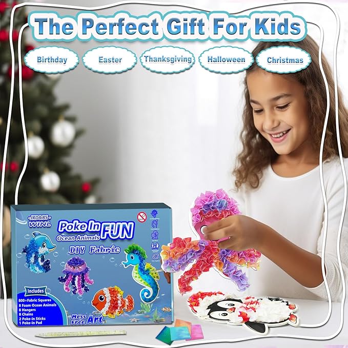 JRD&BS WINL Magical Ocean Animal Poke Art - Dolphin, Jellyfish, Seahorse, Turtle, Octopus | No-Mess Craft Kit for Kids 4-9 | Marine Biology Learning Toy | Creative Gift for Preschoolers