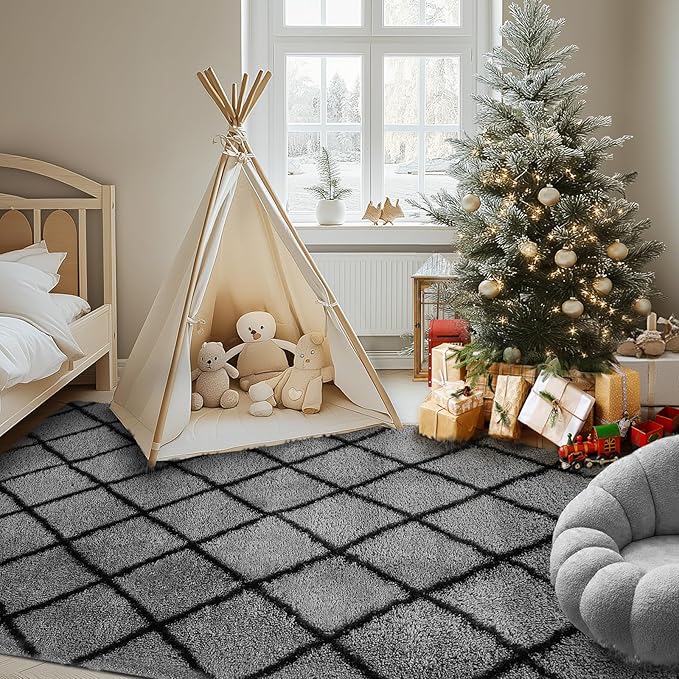 Fluffy Rug for Bedroom, 8X10Feet Stripe Checkered Rug Anti-Skid High Pile for Living Room Bedroom Kids Room Nursery, Dorm Home Decor