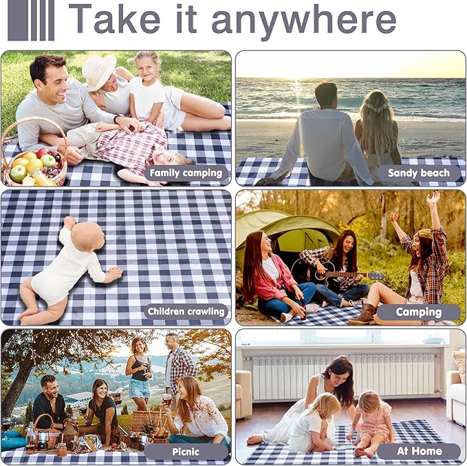 80"x80" Extra Large Waterproof Outdoor Mat - Sandproof Foldable Picnic Blanket for Family Camping, Backyard, Beach Parties - Heavy Duty & Easy Storage (Gray&White)