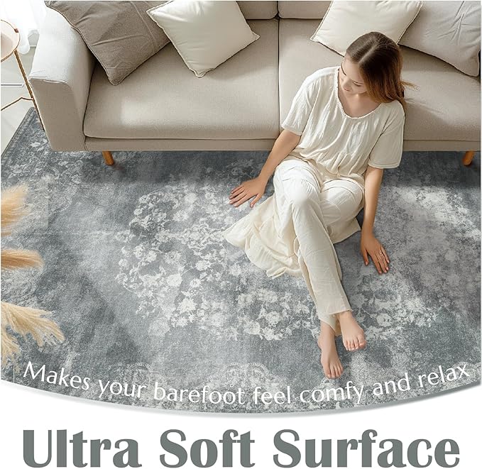 jinchan Vintage Floral 5x7 Area Rugs - Machine Washable Distressed Design Soft Ultra-Thin Low-Pile Non-Slip Carpet for Kitchen Bedroom Nursery Living Room Dining Room Home Office (5x7ft,Grey)