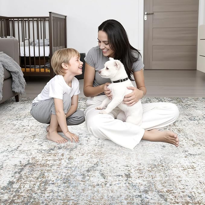 5x7 Area Rug Living Room Rug: Washable Modern Abstract Soft Thin Rug Indoor Floor No Slip Stain Resistant Carpet for Bedroom Dining Room Farmhouse Nursery Home Office - Brown Grey