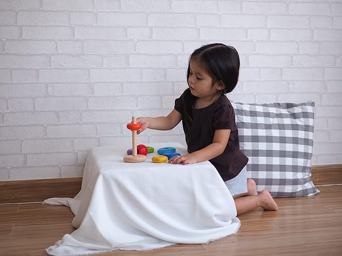 PlanToys Wooden 8 Piece Sorting and Stacking Ring Toy (5124) | Rainbow Color Collection |Sustainably Made from Rubberwood and Non-Toxic Paints and Dyes